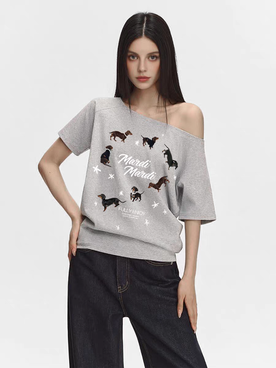 Mardi美式复古卡通印花时尚小众设计感短袖25夏季新款斜肩休闲T恤