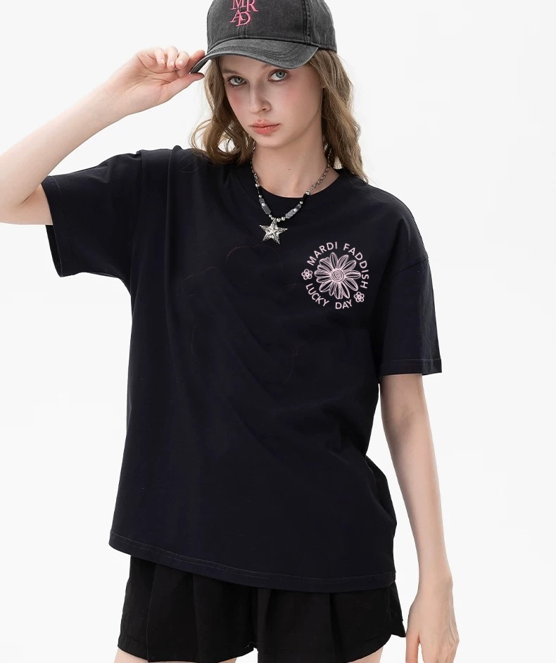 Mardi小众设计感小雏菊刺绣短袖男女同款t恤显瘦百搭情侣纯棉上衣