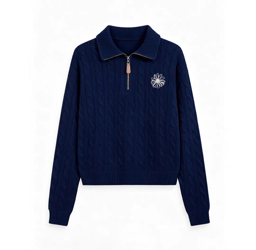 Mardi秋冬新款拉链麻花针织毛衣韩系经典雏菊Polo领宽松针织上衣
