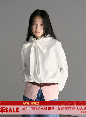 DOSORDONTS2025年秋冬新款白色蝴蝶结宽带连帽造型磨毛套头卫衣女