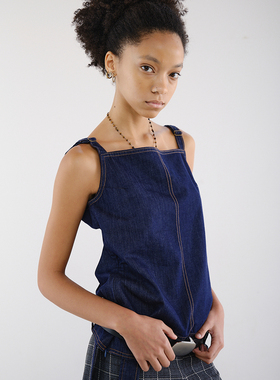 DOSORDONTS 2026年春夏新品深蓝色撞色明线可调节牛仔背心上衣女