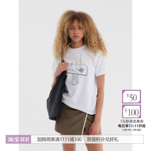 餐桌手绘数码印花螺纹底摆T恤