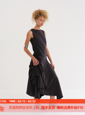 DOSORDONTS 2025夏季新款复古深灰色波浪下摆褶皱侧腰系带连衣裙
