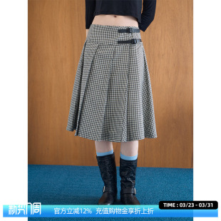 DOSORDONTS黑白千鸟格宽腰皮袢半裙2025年秋冬新款 百褶裙半身裙女