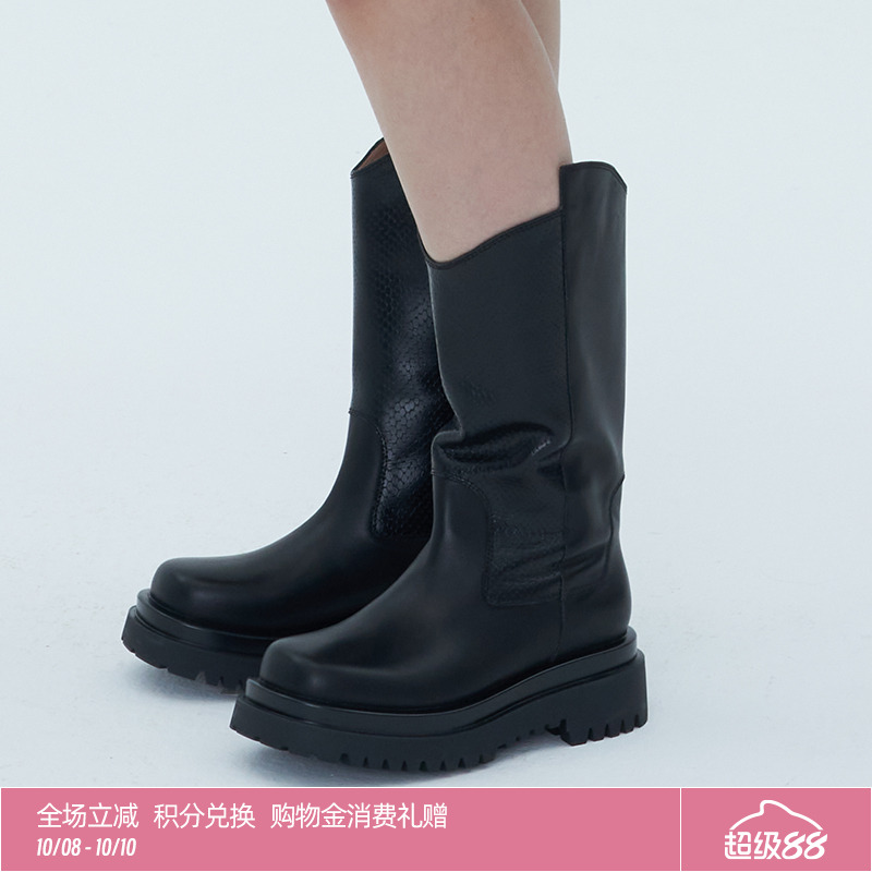 黑色头层牛皮蛇纹厚底中筒骑士靴