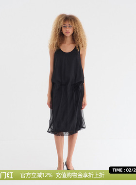 DOSORDONTS 2025夏季新款黑色双层网纱薄雾复古简约圆领连衣裙女