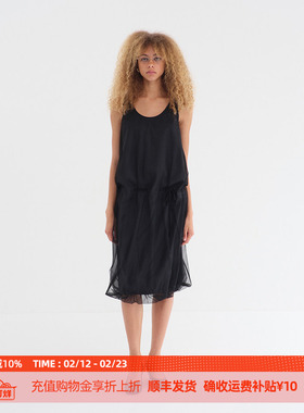 DOSORDONTS 2025夏季新款黑色双层网纱薄雾复古简约圆领连衣裙女