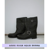 DOSORDONTS黑色金属饰扣做旧抓纹厚底简约通勤百搭牛皮褶皱短靴女