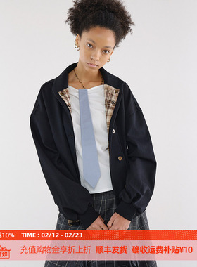 DOSORDONTS 2025年秋冬新品黑色格纹撞色双层领口简约卫衣外套女