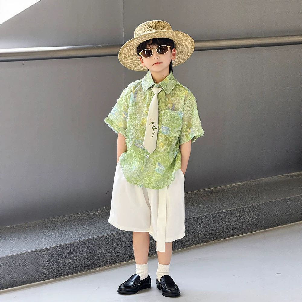 男童衬衫夏季新款儿童绿色小清新衬衣套装韩版休闲洋气主持演出服