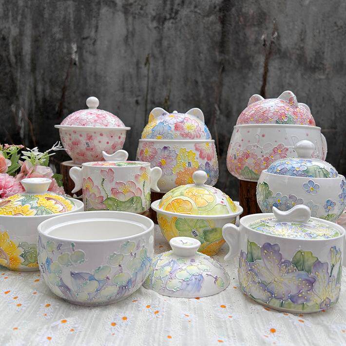 景德镇高温釉下彩手工绘清新可爱猫咪泡面汤甜品水果沙拉盖碗炖盅