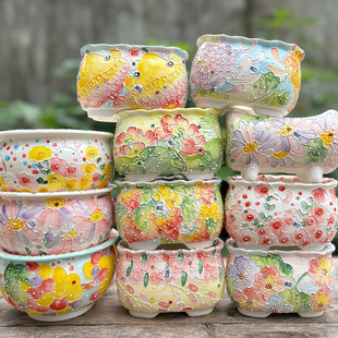 景德镇濑户烧清新手绘花卉盆白陶顶冠飞碟透气多肉植物拼盘口9-14