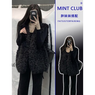 大码 女胖mm修身 显瘦阔腿裤 三件套 韩系休闲风羊羔毛马甲内搭打底衫