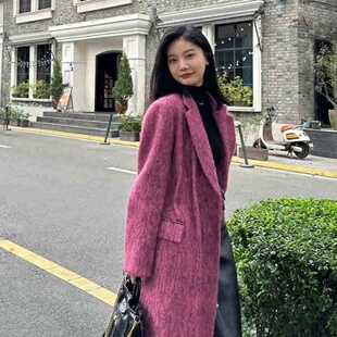 大码胖妹妹高级感显瘦玫红色呢子大衣女装秋季收腰设计感西装外套