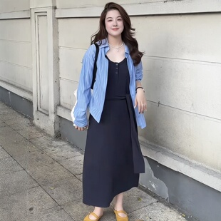 衬衫 大码 胖MM法式 气质翻领条纹显瘦长袖 女绑带背心连衣裙两件套装