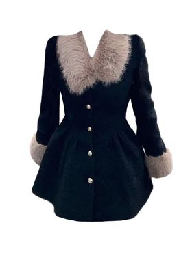 大码胖妹妹法式收腰长袖毛呢外套女秋冬设计感可拆卸毛领斗篷大衣