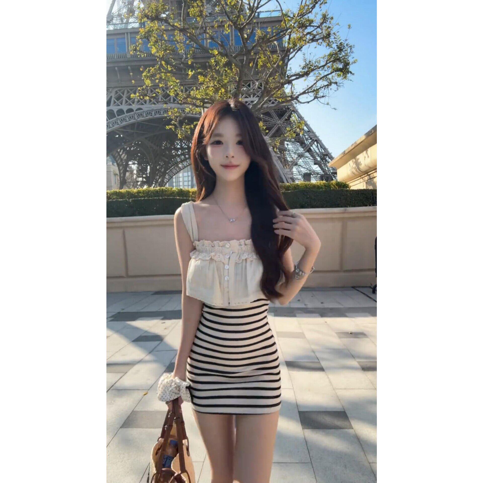 大码胖MM韩系软妹风条纹假两件连衣裙女夏季新款高腰包臀裙抹胸裙