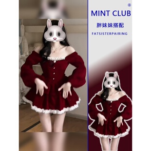 大码胖mm韩系时尚蝴蝶结红色连衣裙女春季休闲套头长袖方领蓬蓬裙