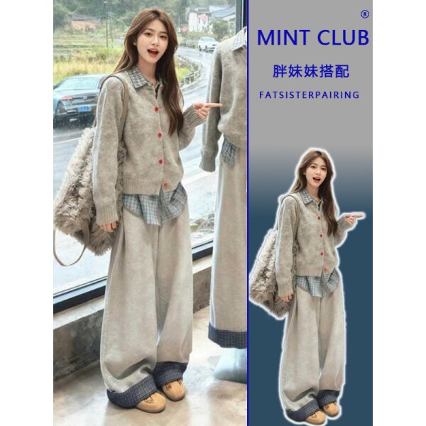 春季新款大码胖MM格子POLO领慵懒风休闲宽松针织开衫毛衣衬衫套装,女装/女士精品,时尚套装,淘宝优惠券,粉丝福利购,淘宝优惠卷