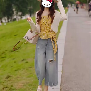 大码胖mm韩系度假风波点系带吊带背心配防晒针织开衫夏季两件套装