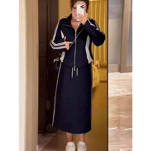 新款 大码 胖MM韩系休闲百搭长袖 上衣女春季 高腰百搭A字半身裙套装
