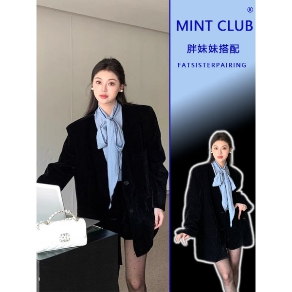 大码胖MM法式轻熟风丝绒西装外套女冬季减龄衬衫短裤高级感三件套,女装/女士精品,时尚套装,淘宝优惠券,粉丝福利购,淘宝优惠卷