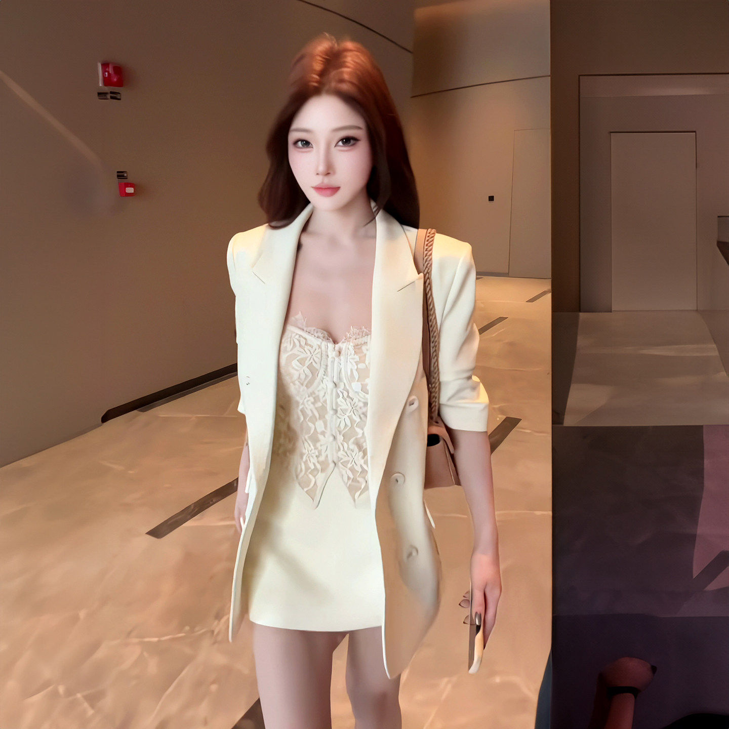 大码胖MM法式御姐风时尚西装外套女秋季新款蕾丝吊带短裙三件套装
