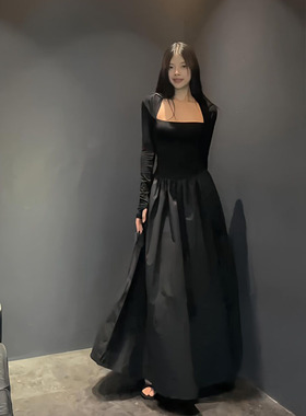 大码胖mm法式赫本风褶皱设计感方领连衣裙早秋新款收腰显瘦长裙女