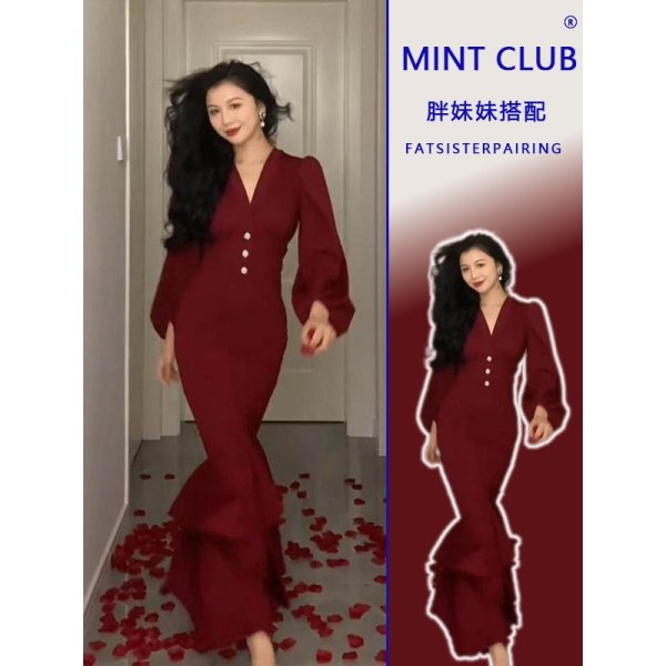 大码胖MM法式复古红色V领灯笼袖连衣裙高级感气质收腰包臀鱼尾裙,女装/女士精品,连衣裙,淘宝优惠券,粉丝福利购,淘宝优惠卷