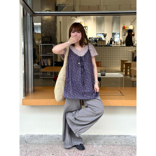 大码胖MM韩系小众复古碎花吊带短袖女夏季新款宽松显瘦上衣两件套