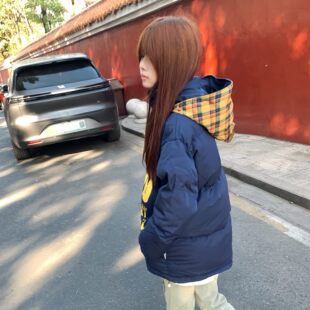 大码美式复古格子拼接印花连帽棉服外套女胖mm立领加厚保暖面包服