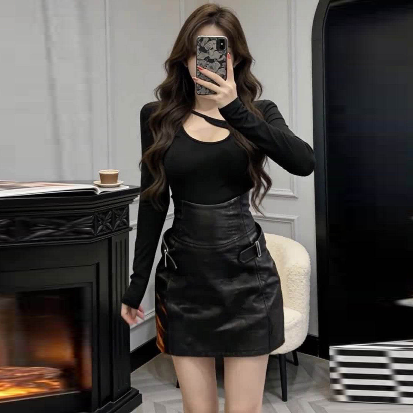 大码韩系长袖上衣半身裙套装女春季胖mm高腰高级感T恤皮裙两件套,女装/女士精品,时尚套装,淘宝优惠券,粉丝福利购,淘宝优惠卷