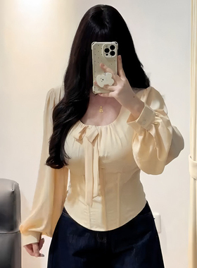 大码纯欲掐腰u领长袖通勤衬衫女装秋季新款胖mm显瘦绝美内搭上衣