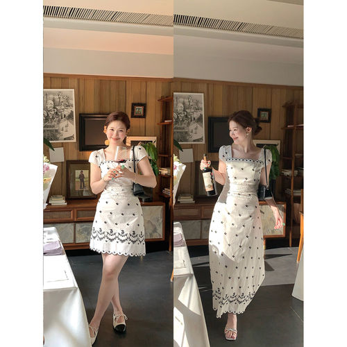 大码女装胖MM韩版刺绣碎花方领连衣裙夏季收腰显瘦温柔气质长裙子