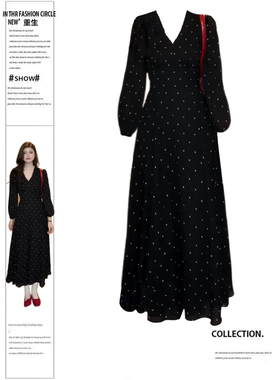 大码胖mm法式复古波点长袖连衣裙女秋季黑色V领收腰显瘦气质长裙