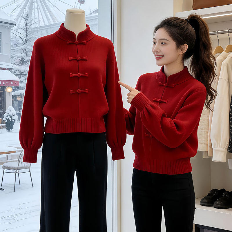 大码新中式复古长袖立领盘扣毛衣女春季胖mm氛围感针织衫内搭上衣,女装/女士精品,毛针织衫,淘宝优惠券,粉丝福利购,淘宝优惠卷