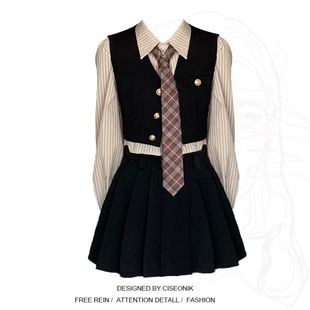 胖MM美式 新款 卡其色衬衫 秋季 复古学院风穿搭潮 马甲百褶裙套装 大码