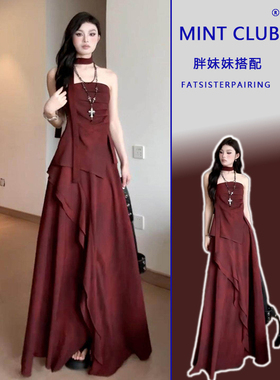 大码复古风红色一字肩抹胸上衣女夏季胖mm不规则高腰半身裙两件套