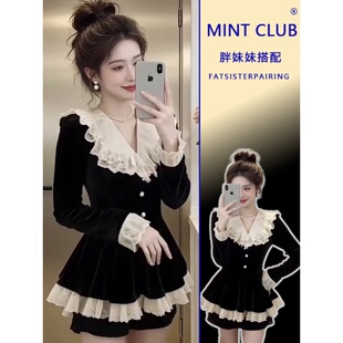 大码 女胖mm减龄荷叶边收腰上衣 韩系高级感假两件蕾丝拼接黑色衬衫