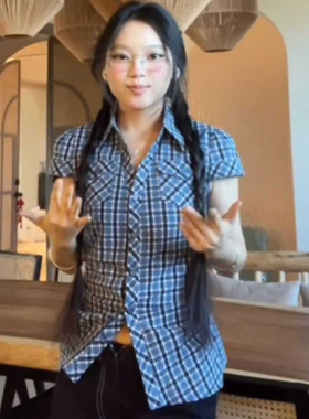 大码胖MM美式复古格子短袖衬衫女夏季新款甜辣风修身显瘦百搭上衣