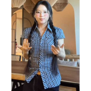 大码胖MM美式复古格子短袖衬衫女夏季新款甜辣风修身显瘦百搭上衣