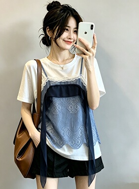 大码胖MM设计感拼接假两件正肩短袖T恤女夏季新款百搭显瘦上衣潮