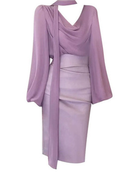 大码胖MM法式气质纯欲风荡领飘带衬衫女夏季新款紫色包臀裙两套装