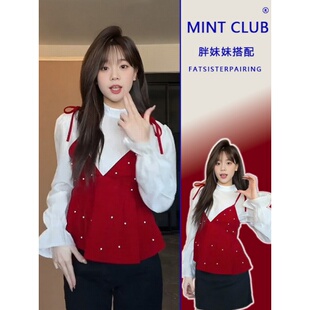 宽松显瘦套装 两件套女春季 胖mm韩系甜美减龄吊带叠穿纯色衬衫 大码