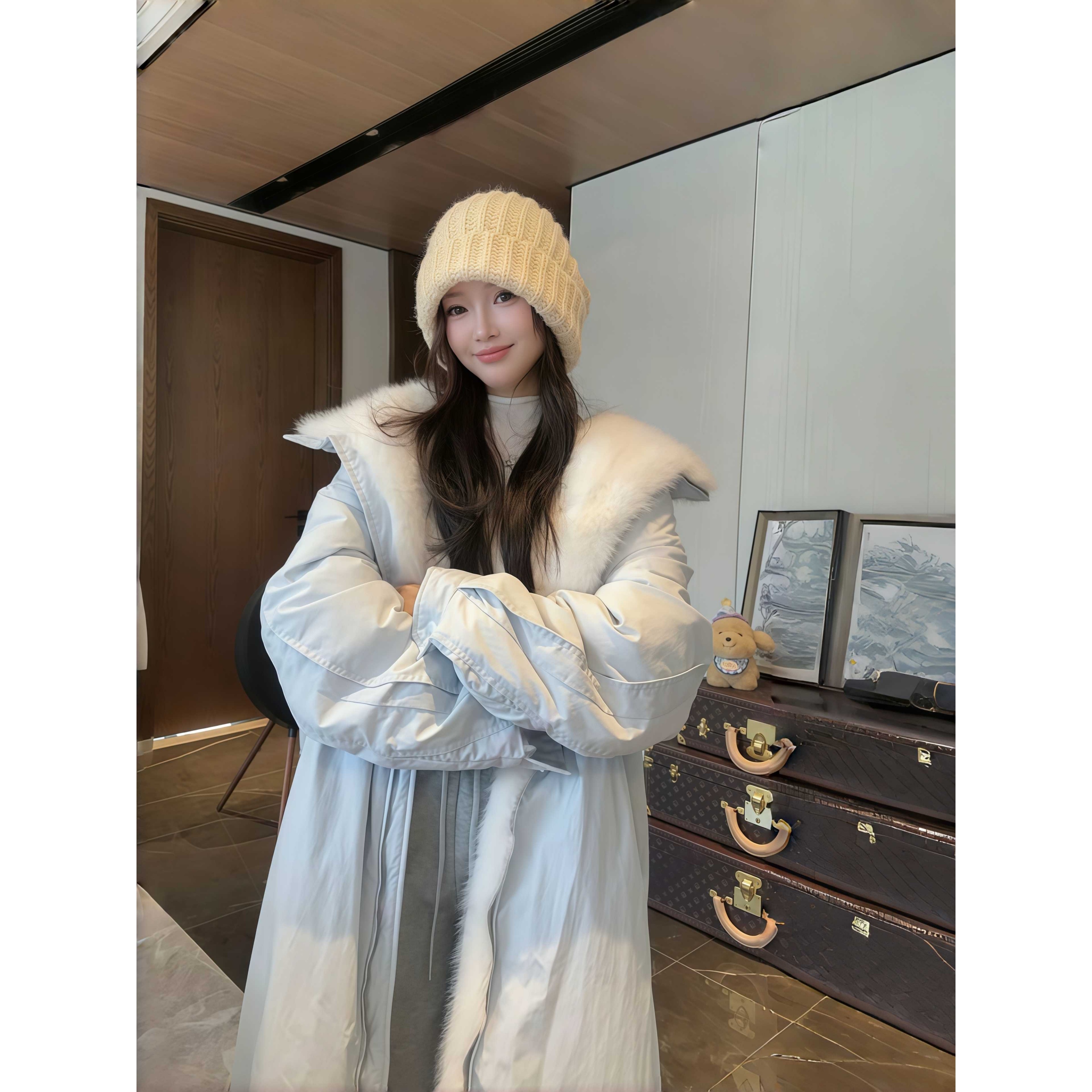 韩系宽松显瘦减龄皮毛一体派克服