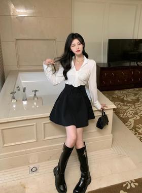 大码胖mm法式设计感白色衬衫春秋季新款高腰绑带显瘦半身裙两件套