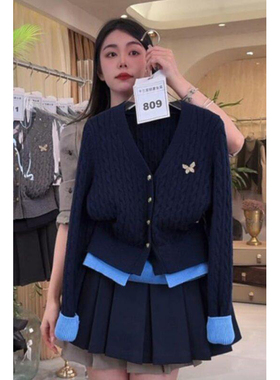 大码胖mm简约风针织衫毛衣上衣短款半身裙两件套女春季时尚一整套