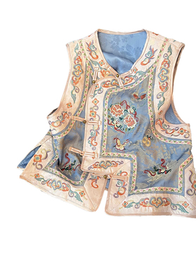 新中式国风斜襟盘扣高端醋酸马甲背心民族风重工刺绣显瘦坎肩上衣