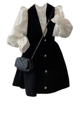 大码胖妹妹法式黑色小香风连衣裙秋季气质泡泡袖收腰短衬衫两件套