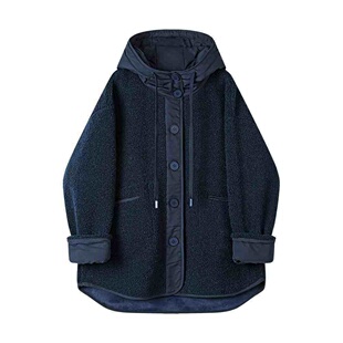 大码胖mm慵懒风中长款羊羔毛外套春季设计感宽松皮毛一体连帽大衣